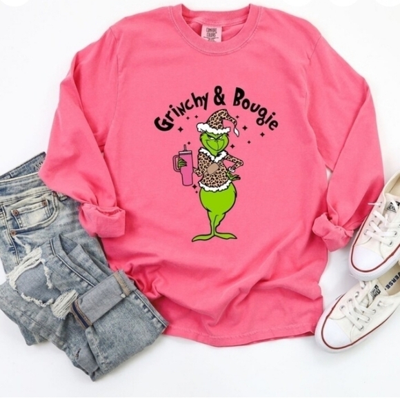Grinchy &  Bougie Long Sleeve Grinch Christmas T-Shirt in Women's Size Medium - Picture 1 of 7